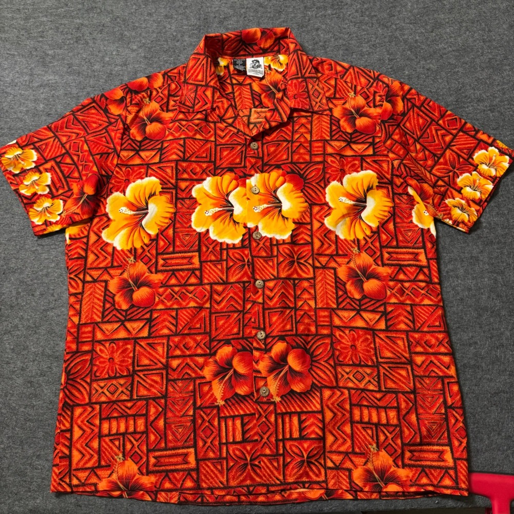 VTG 90s Kennington Ltd California Mens Large Orange Tribal Hibiscus Aloha Shirt